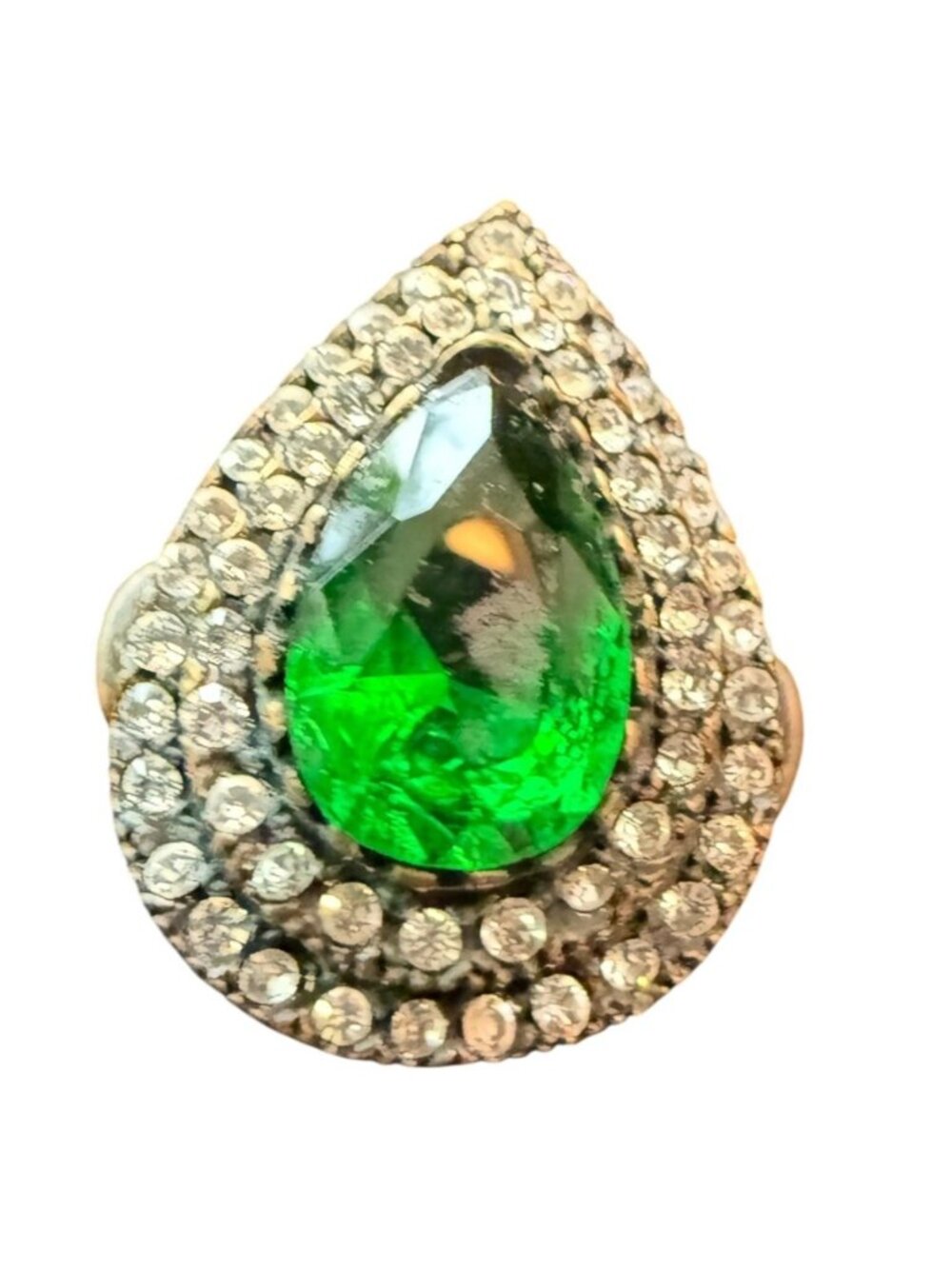 Vintage Copper-Tone Ring Green Glass Stone & Rhinestone Size 7.5
